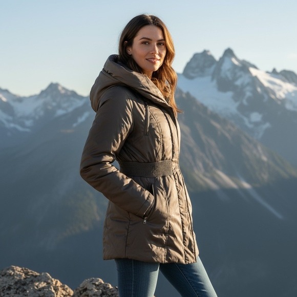 Victoria's Secret Beige Puffer Coat Cinched Full Zip Hooded Women's S  Cabincore - Picture 2 of 10